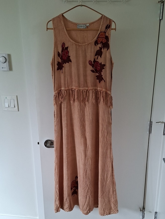 Vintage Dresses & Skirts - Vintage 90's Mustard Yellow Flowy Floral Tassel-detail Rayon Maxi Dress (Size M)